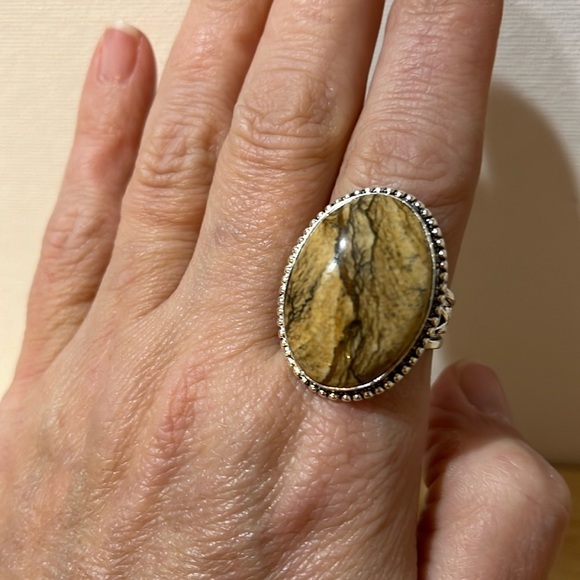 BROWN PICTURE JASPER GEMSTONE RING 925 STERLING SILVER SIZE 10 - Picture 6 of 9
